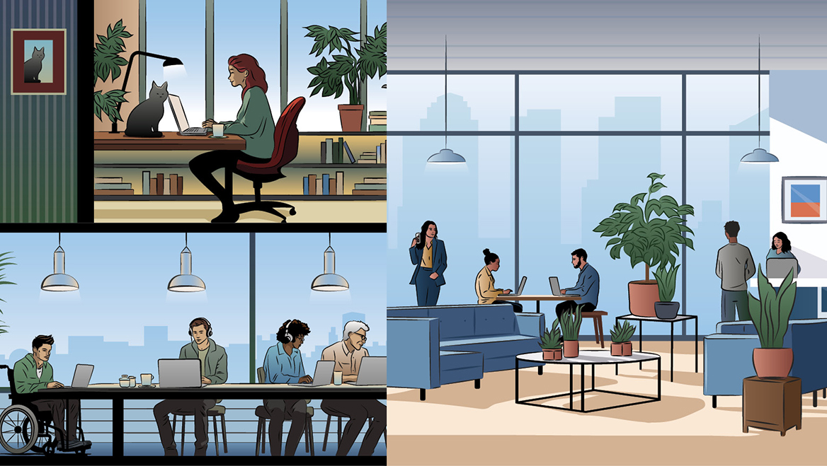Illustration of people in open office spaces