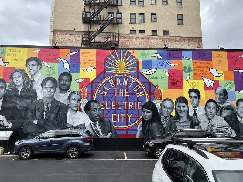 Mural featuring depictions of the TV show "The Office" in Scranton, PA.